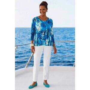 Chico's Women's Blue White Turquoise Abstract Polka Dot Print Top,1(M)